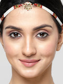 Gold-Plated Round Red & White Kundan & Cubic Zirconia Studded Borla Style Sheeshphool