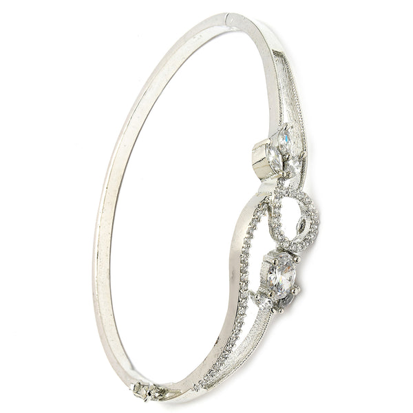 Rhodium Plated Silver Toned Nature Inspired White Oval American Diamond Studded Cuff Bracelet