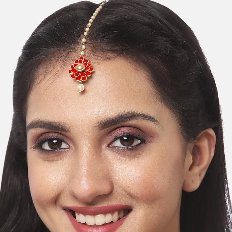Gold Plated with Red Stones & Pearl Drop Traditional Maang Tikka Set Of 5