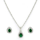 Rhodium Plated with Tear Drop Shaped Green American Diamond Studded Pendant Set