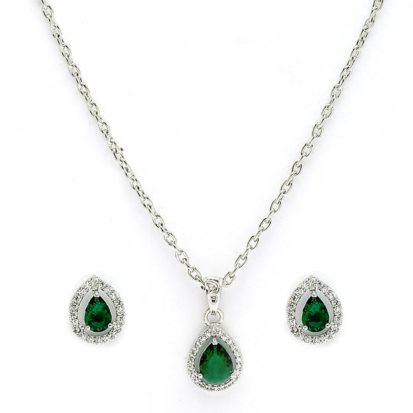 Rhodium Plated with Tear Drop Shaped Green American Diamond Studded Pendant Set