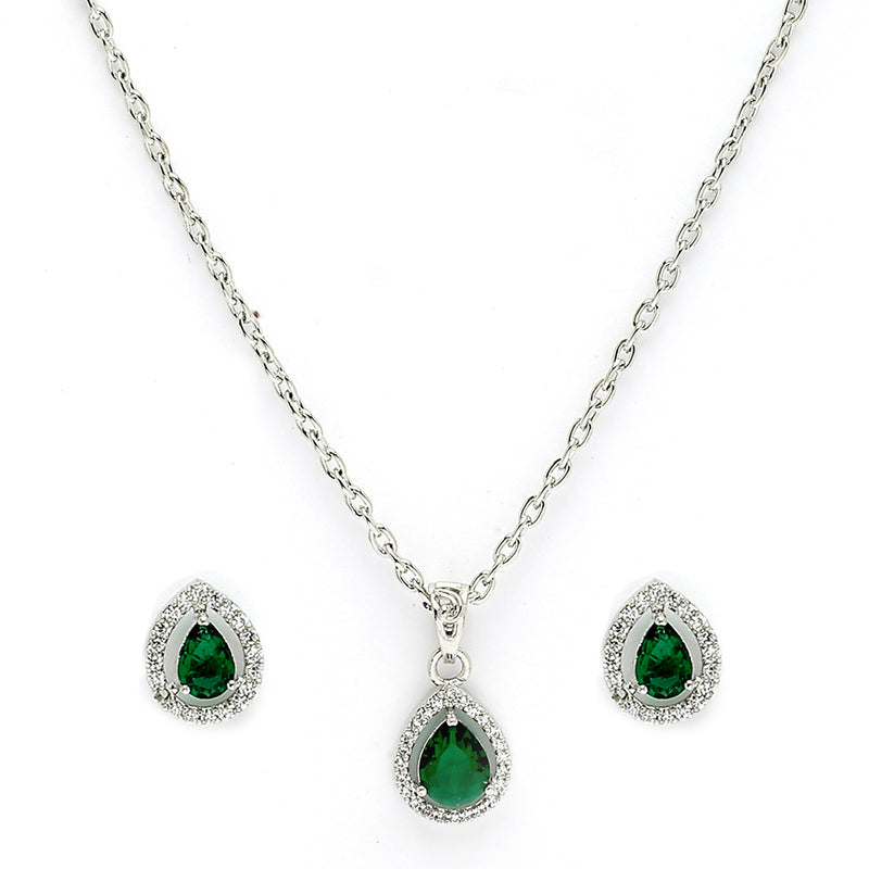 Rhodium Plated with Tear Drop Shaped Green American Diamond Studded Pendant Set