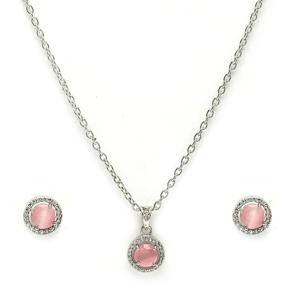 Rhodium Plated with Round Pink American Diamond Studded Pendant Set