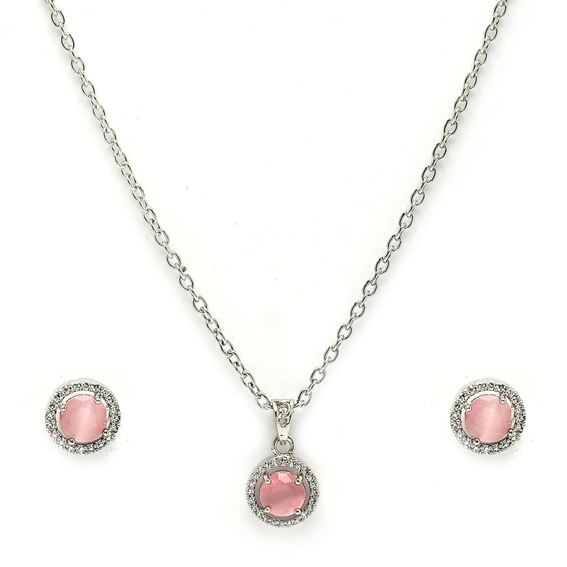 Rhodium Plated with Round Pink American Diamond Studded Pendant Set
