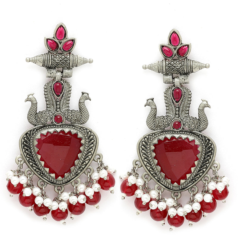 Oxidized Plated with Red & White Pearl Cubic Zirconia Danglers Earrings