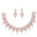 Rhodium Plated Silver Toned Rose Shaped Pink & White American Diamond Studded Jewellery Set