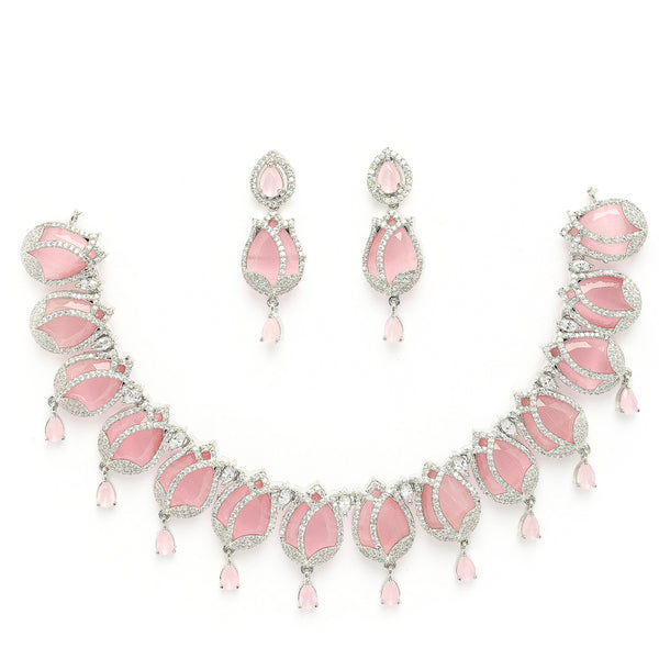 Rhodium Plated Silver Toned Rose Shaped Pink & White American Diamond Studded Jewellery Set