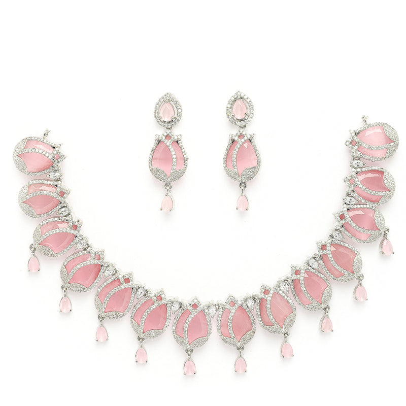 Rhodium Plated Silver Toned Rose Shaped Pink & White American Diamond Studded Jewellery Set