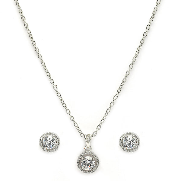 Rhodium Plated with Round White American Diamond Studded Pendant Set