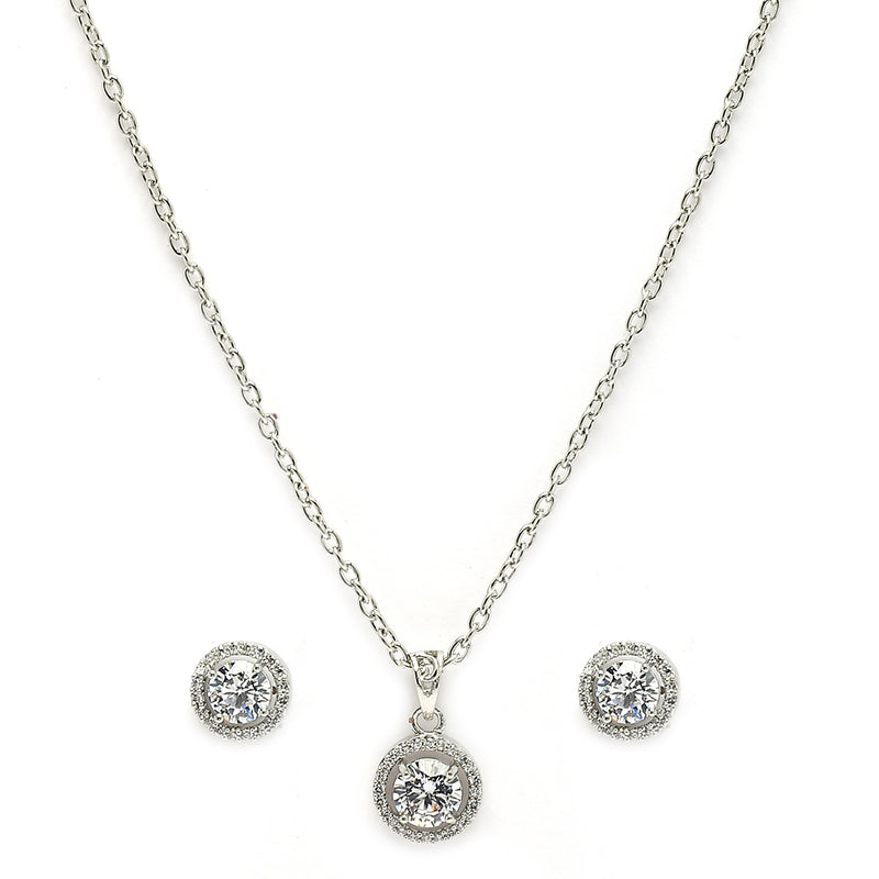 Rhodium Plated with Round White American Diamond Studded Pendant Set