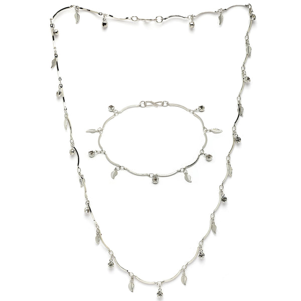 Rhodium Plated with Delicate Leaf & White Cubic Zirconia Studded Jewellery  Set