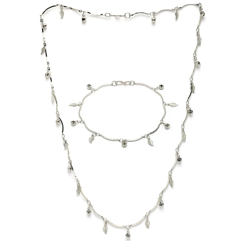 Rhodium Plated with Delicate Leaf & White Cubic Zirconia Studded Jewellery  Set