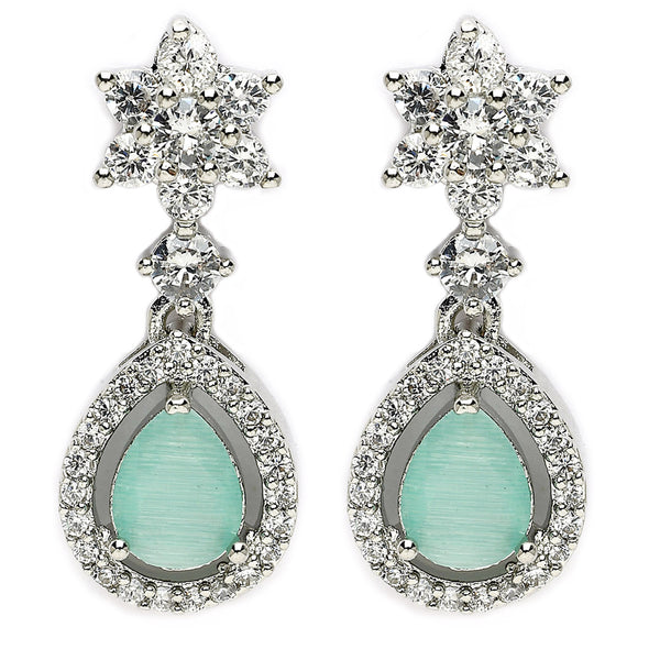Rhodium Plated Silver Toned Ocean Blue American Diamond Small Drop Earrings