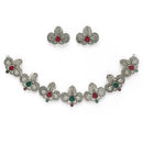 Oxidized Plated with Silver Filigree Design Red & Green Stone Studded Jewellery Set