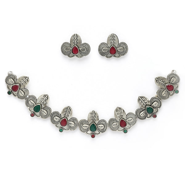 Oxidized Plated with Silver Filigree Design Red & Green Stone Studded Jewellery Set