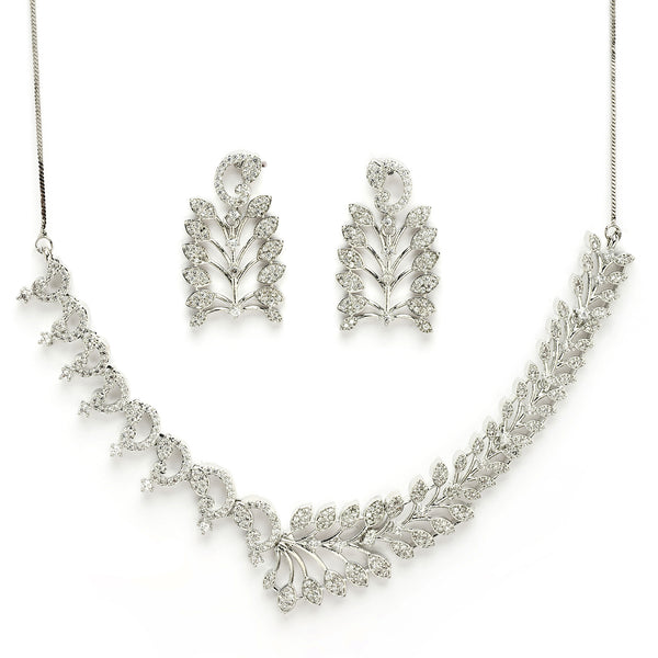 Rhodium Plated Silver Toned White American Diamond Studded Jewellery Set
