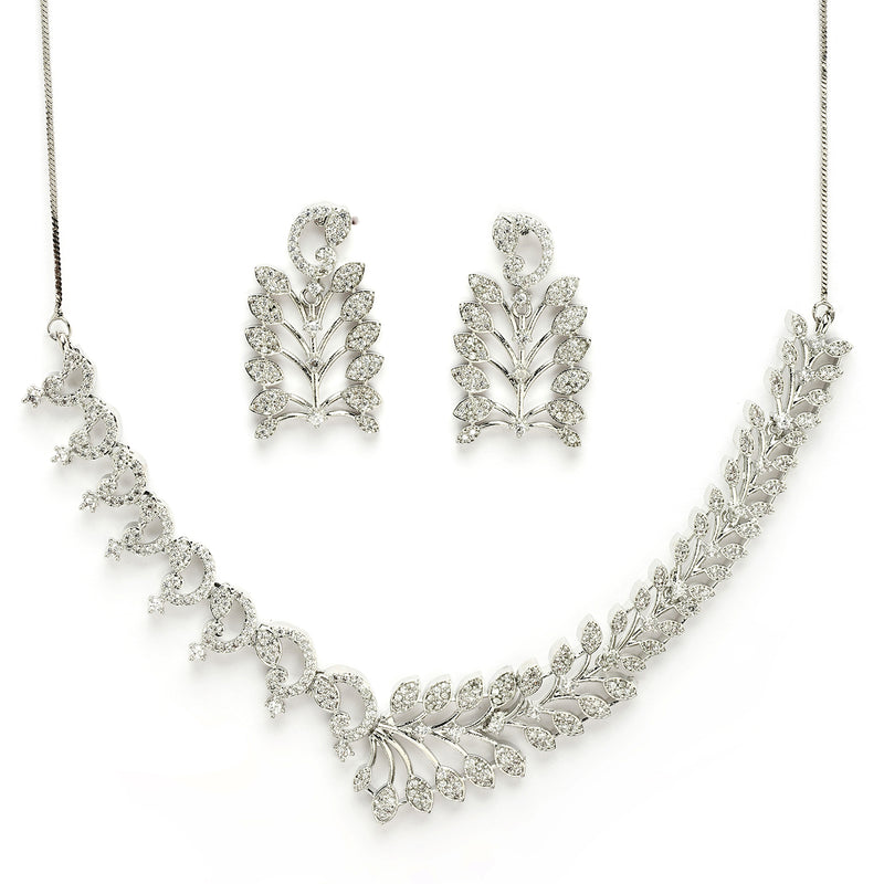 Rhodium Plated Silver Toned White American Diamond Studded Jewellery Set