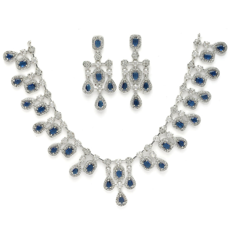 Rhodium Plated Royal Blue American Diamond Stones Studded Jewellery Set