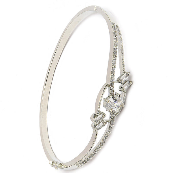 Rhodium Plated Silver Toned White Oval American Diamond Studded Cuff Bracelet