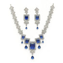 Rhodium Plated Silver Toned Rectangular Shaped Navy Blue & White American Diamond Studded Necklace With Earrings Jewellery Set