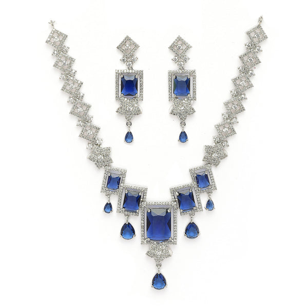 Rhodium Plated Silver Toned Rectangular Shaped Navy Blue & White American Diamond Studded Necklace With Earrings Jewellery Set