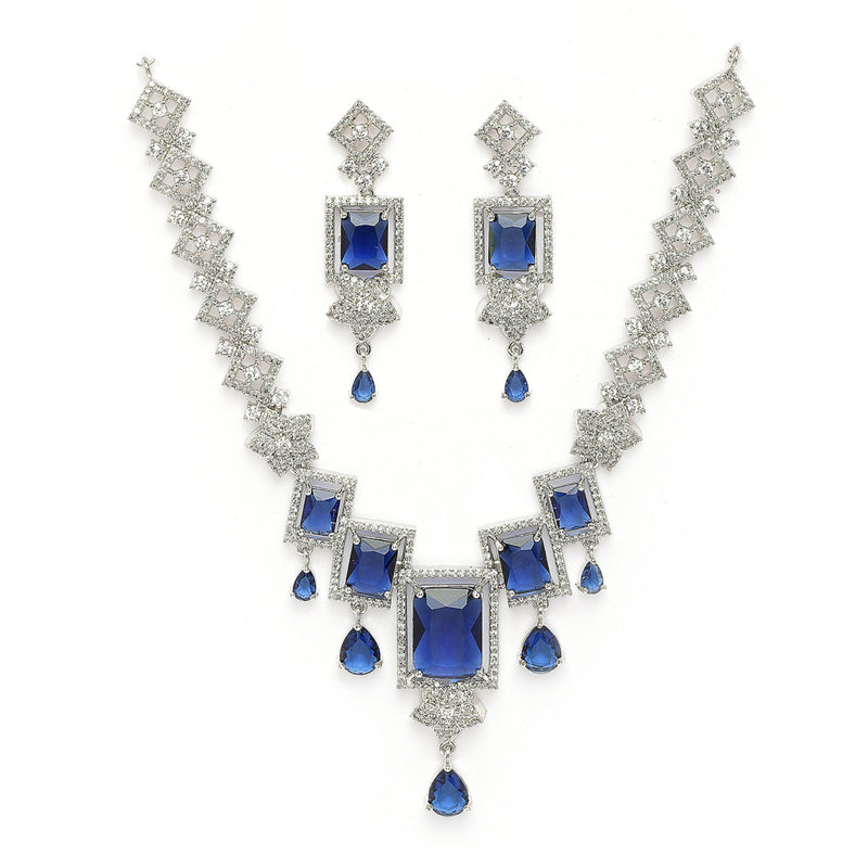 Rhodium Plated Silver Toned Rectangular Shaped Navy Blue & White American Diamond Studded Necklace With Earrings Jewellery Set