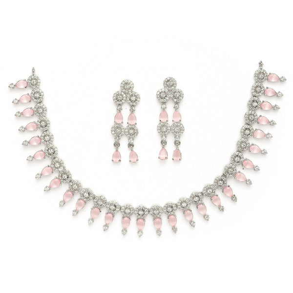 Rhodium Plated Silver Toned Pink & White American Diamond Studded Jewellery Set