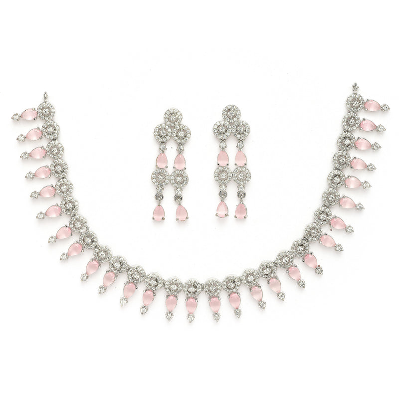 Rhodium Plated Silver Toned Pink & White American Diamond Studded Jewellery Set