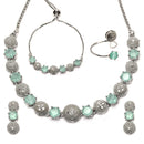 Rhodium-Plated Silver Toned Sea Green & White American Diamond studded Round Shaped Jewellery Set