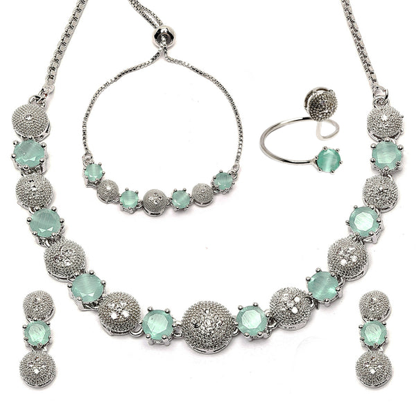 Rhodium-Plated Silver Toned Sea Green & White American Diamond studded Round Shaped Jewellery Set