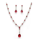 Rhodium Plated Silver Toned Teardrop Style Red American Diamond Studded Jewellery Set