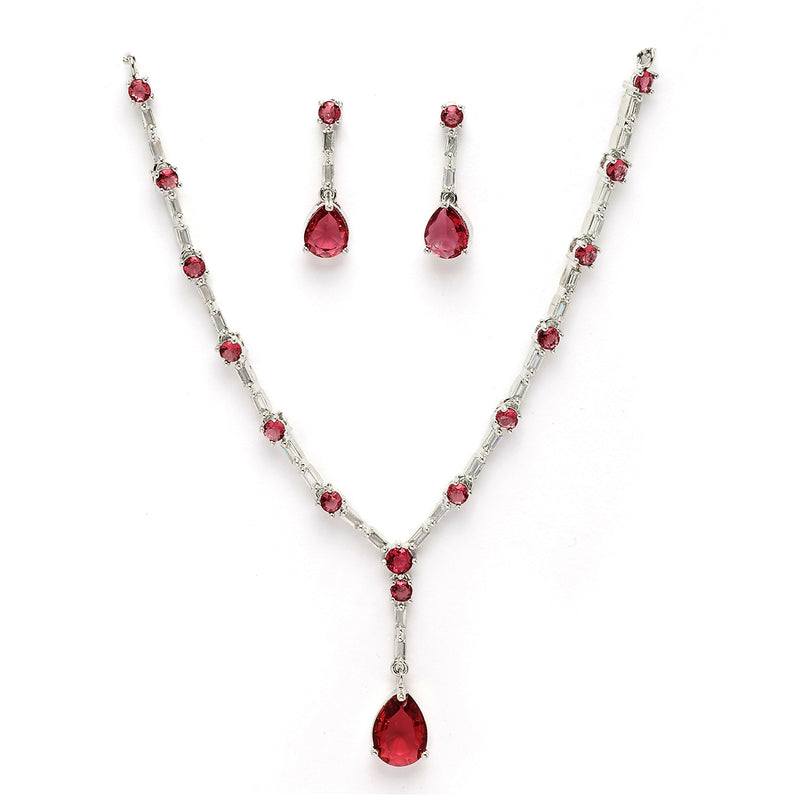 Rhodium Plated Silver Toned Teardrop Style Red American Diamond Studded Jewellery Set