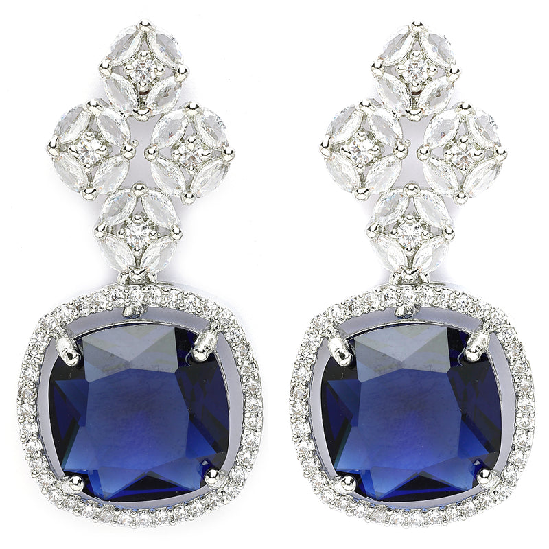Rhodium Plated Silver Toned with Blue American Diamond Small Drop Earrings