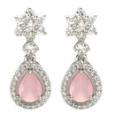Rhodium Plated Silver Toned Pink American Diamond Small Drop Earrings