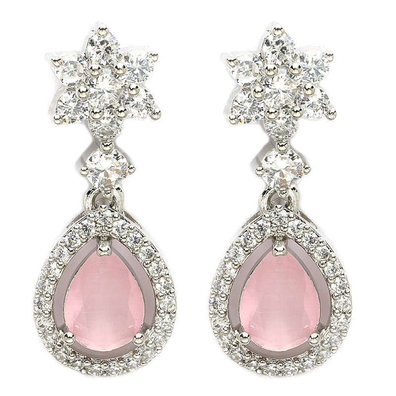 Rhodium Plated Silver Toned Pink American Diamond Small Drop Earrings