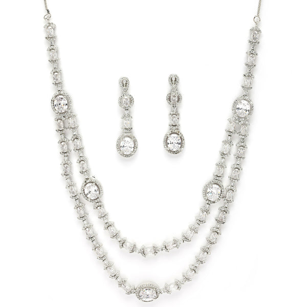 Rhodium Plated Silver Toned Sparkle White American Diamond Studded Jewellery Set