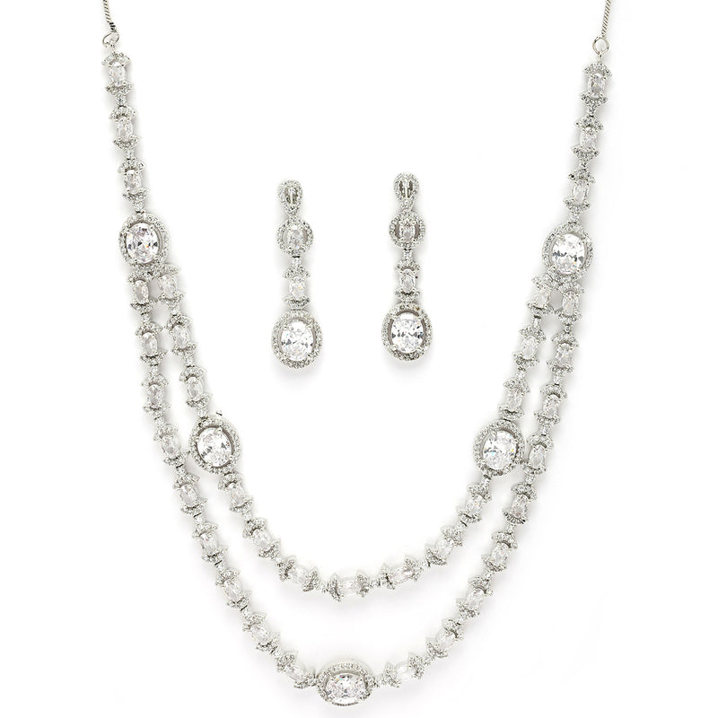 Rhodium Plated Silver Toned Sparkle White American Diamond Studded Jewellery Set