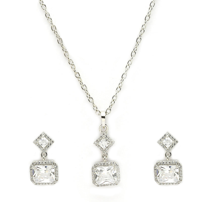 Rhodium Plated with White Rectangular American Diamond Studded Pendent Set