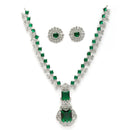 Rhodium Plated Silver Toned Square Green AD Studded Nita Ambani Necklace Set With Matching Stud Earrings Celebrity Jewellery Set