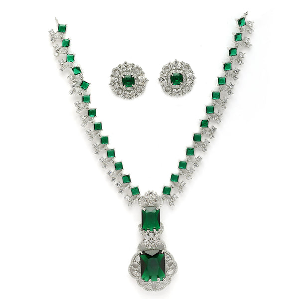 Rhodium Plated Silver Toned Square Green AD Studded Nita Ambani Necklace Set With Matching Stud Earrings Celebrity Jewellery Set