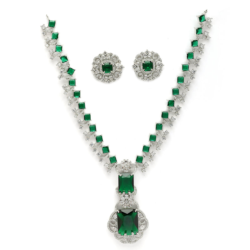 Rhodium Plated Silver Toned Square Green AD Studded Nita Ambani Necklace Set With Matching Stud Earrings Celebrity Jewellery Set
