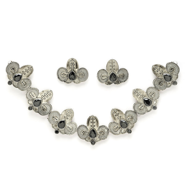 Oxidized Plated with Silver Filigree Design Black Stone Studded JewellerySet
