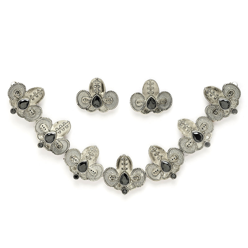 Oxidized Plated with Silver Filigree Design Black Stone Studded JewellerySet