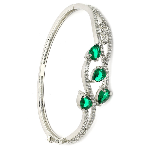Rhodium Plated Silver Toned Emerald Green American Diamond Studded Bracelet