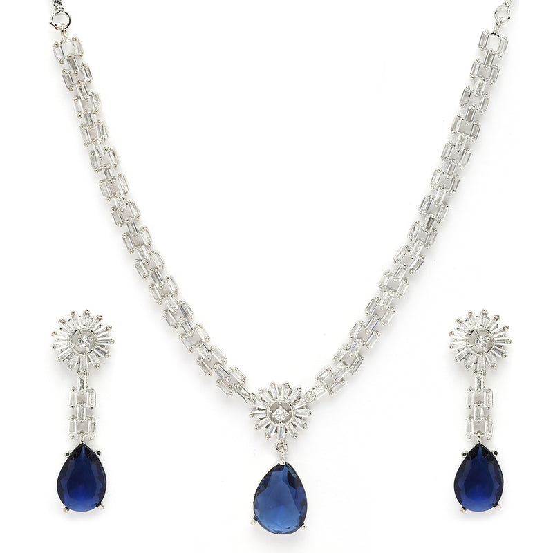 Rhodium Plated Royal Blue White American Diamond Stone Studded Jewellery Set