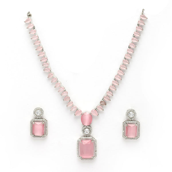 Rhodium Plated Silver Toned Pink American Diamond Studded Jewellery Set