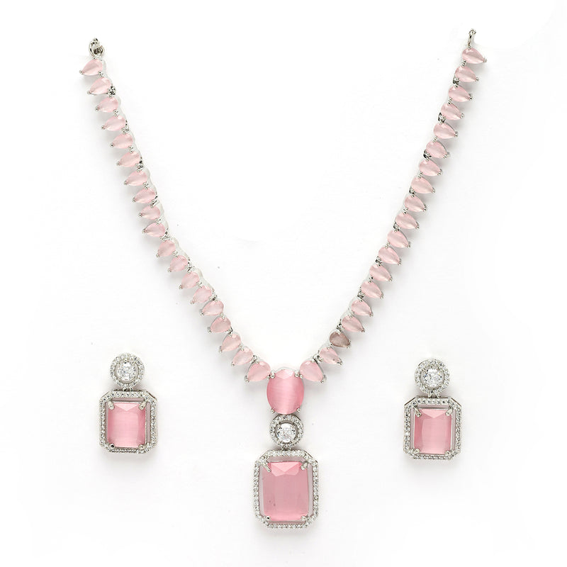Rhodium Plated Silver Toned Pink American Diamond Studded Jewellery Set