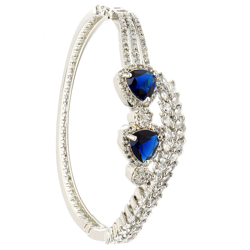 Rhodium Plated Silver Toned Blue Teardrop American Diamond Studded Cuff Bracelet