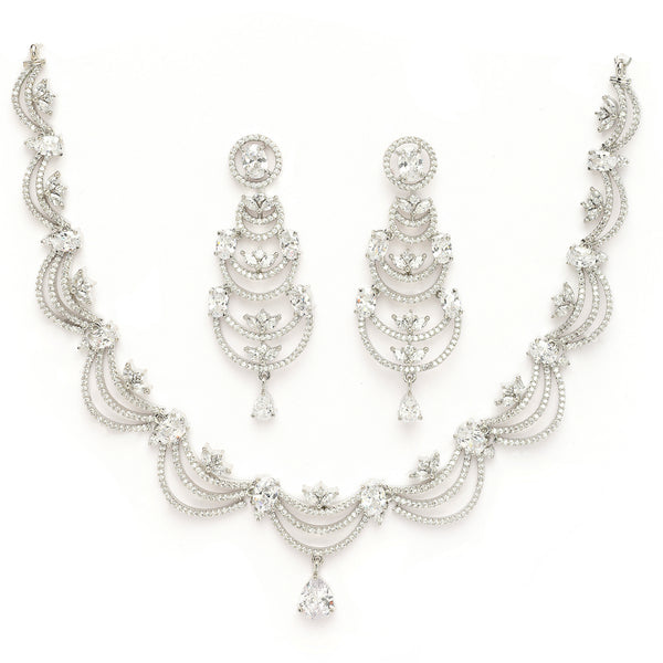 Rhodium Plated Silver Toned Crescent Shaped White American Diamond Studded Jewellery Set