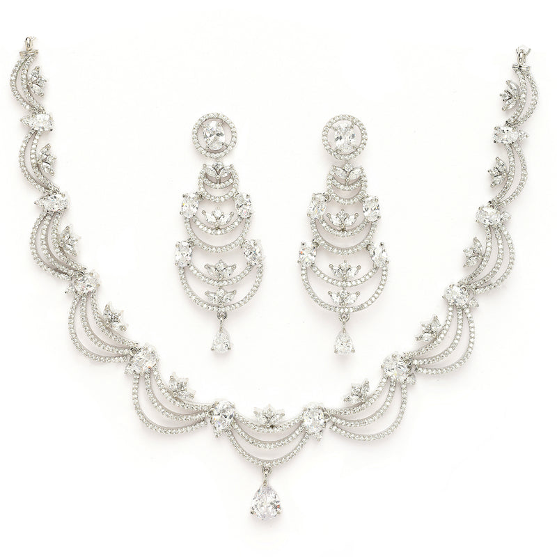 Rhodium Plated Silver Toned Crescent Shaped White American Diamond Studded Jewellery Set